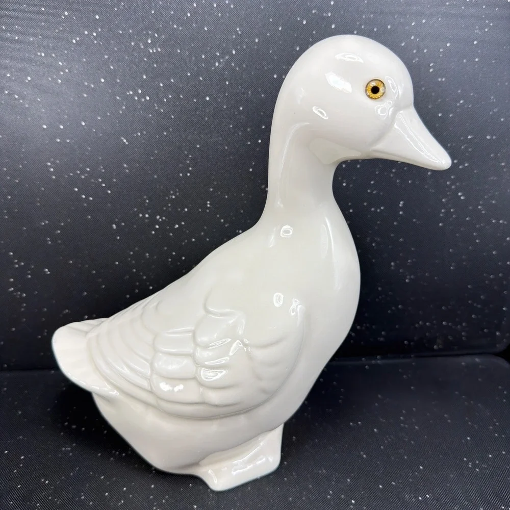 Lionstone Pottery White Ceramic Duck Figurine Glossy Bird Statue 10in Tall